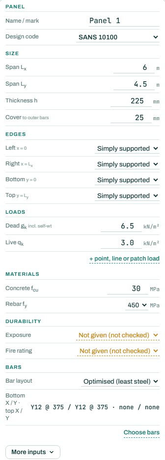 Slab inputs: panel, size, edges, loads, materials, durability and bars
