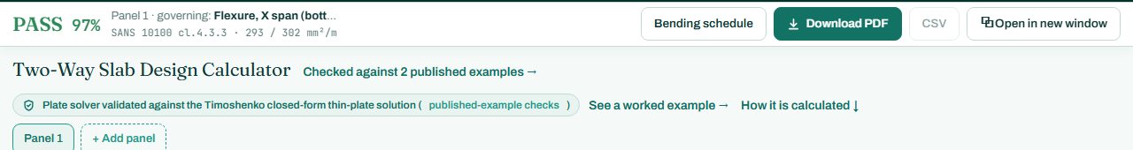Two-way slab design calculator header with the PASS badge