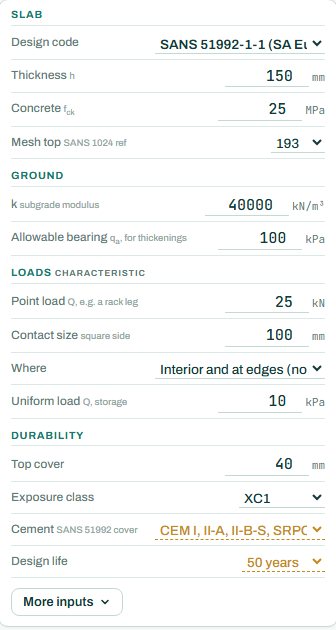 Slab on grade inputs: slab, ground, loads and durability