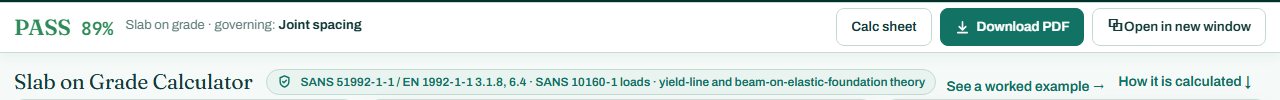 Slab on grade calculator header with the PASS badge