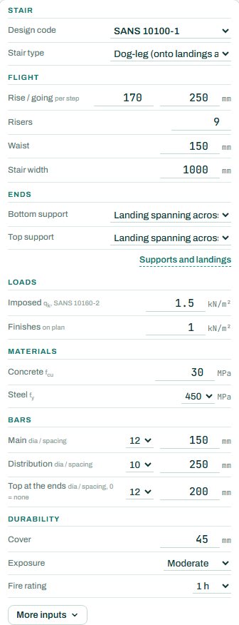 Staircase inputs: stair, flight, ends, loads, materials, bars and durability