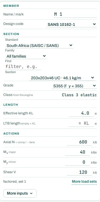 Steel member inputs: member, section, grade, length and actions