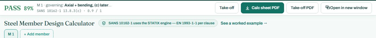 Steel member calculator header with the PASS badge