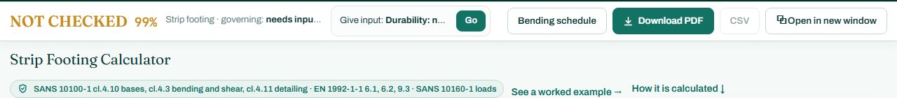 Strip footing calculator header with the NOT CHECKED badge and the Give input button