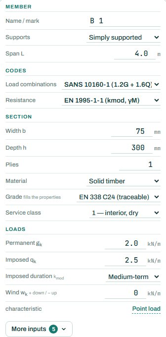 Timber beam inputs: member, codes, section and loads