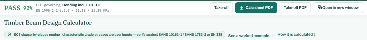 Timber beam calculator header with the PASS badge