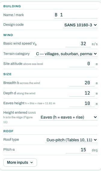 Wind load inputs: building, wind, size and roof