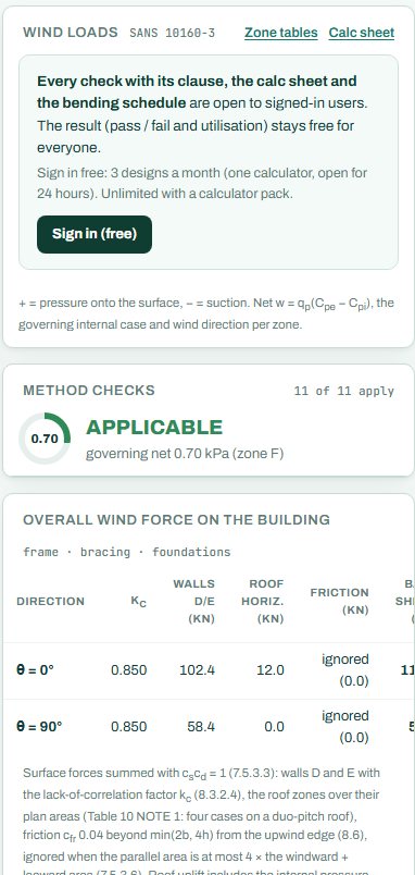 Wind loads card with method checks and the overall wind force