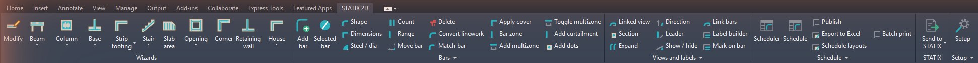The STATIX 2D ribbon tab with its Wizards, Bars, Views and labels, Schedule, STATIX and Setup panels