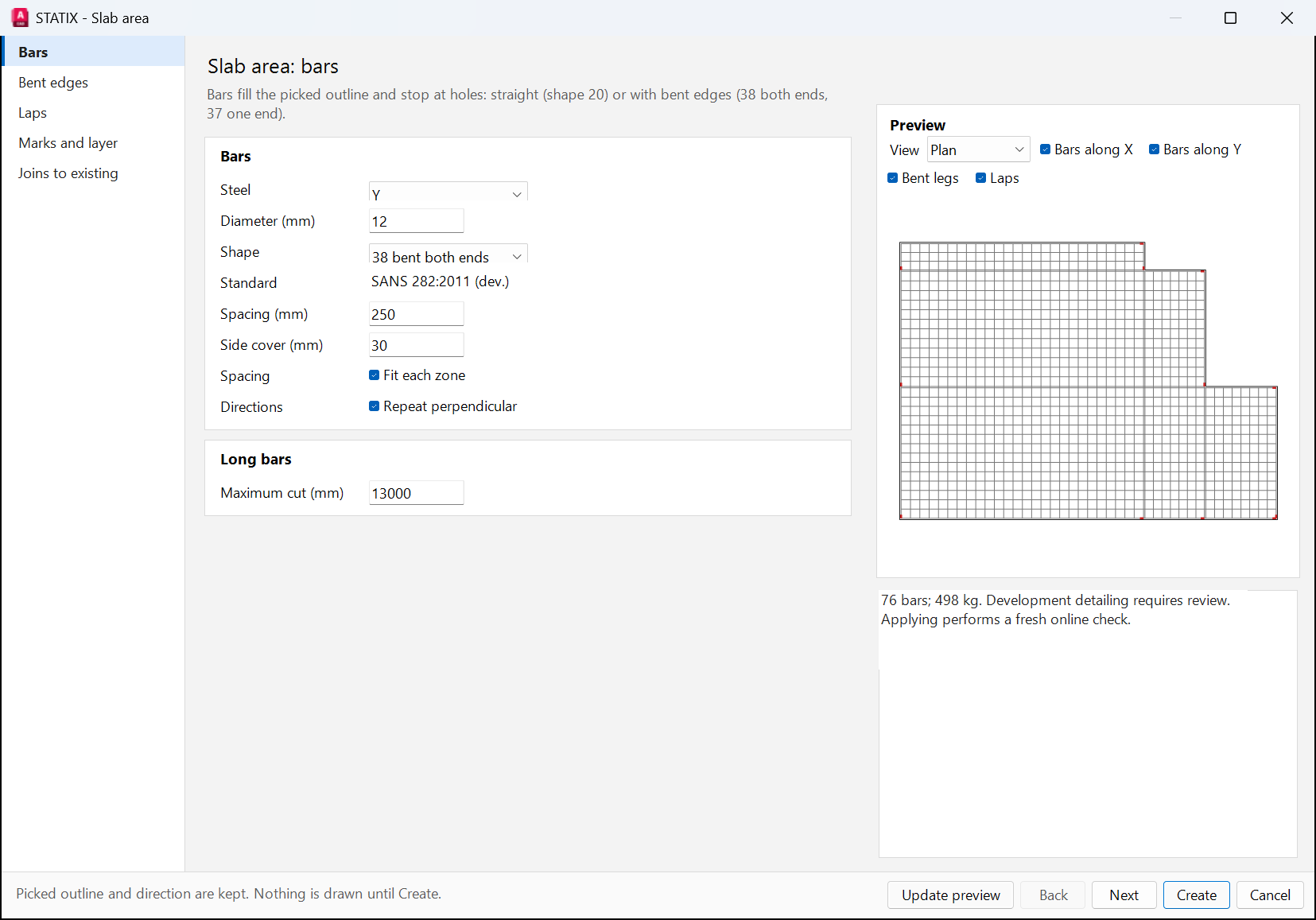 Slab area wizard with plan preview of the bar grid