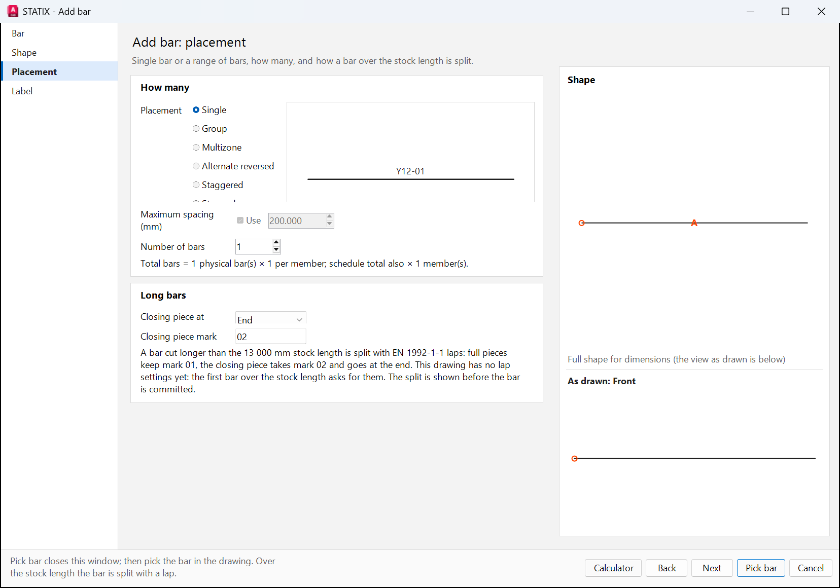 Add bar window, placement page