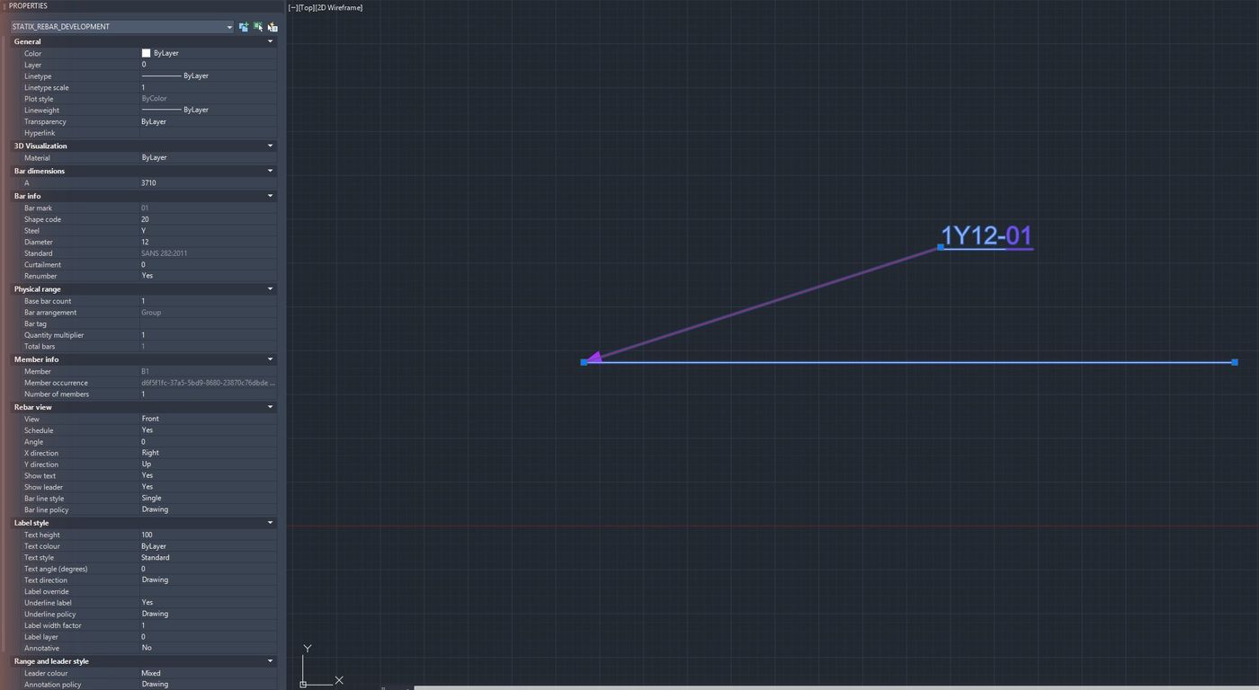 AutoCAD Properties palette showing STATIX bar fields