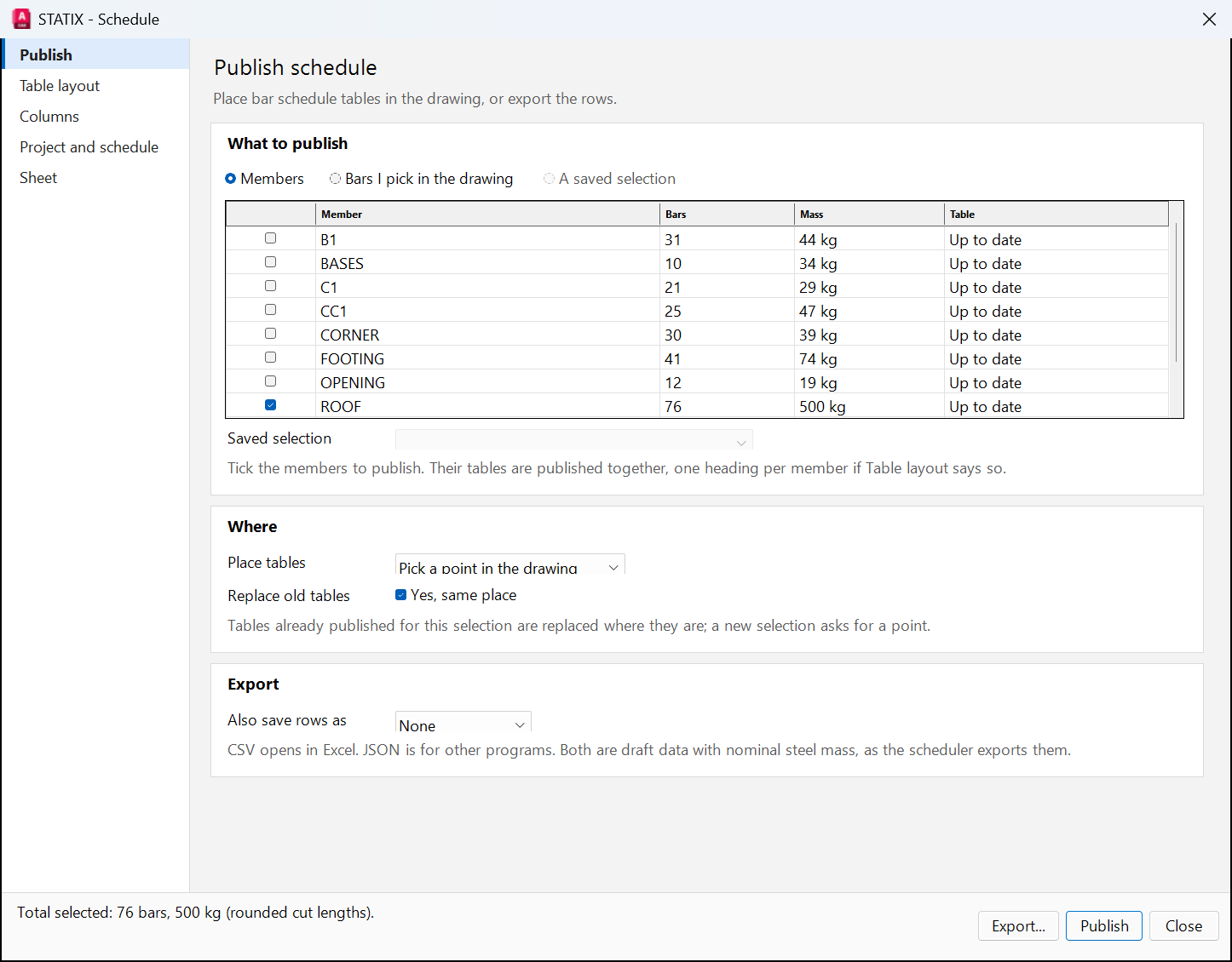 Schedule window, publish page with members ticked