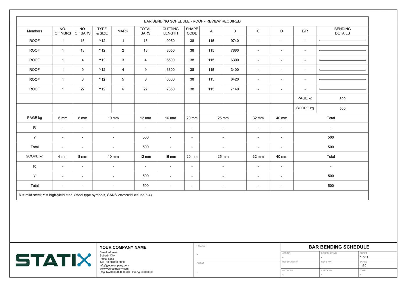 Bar bending schedule for the roof on an A3 sheet with the STATIX title block