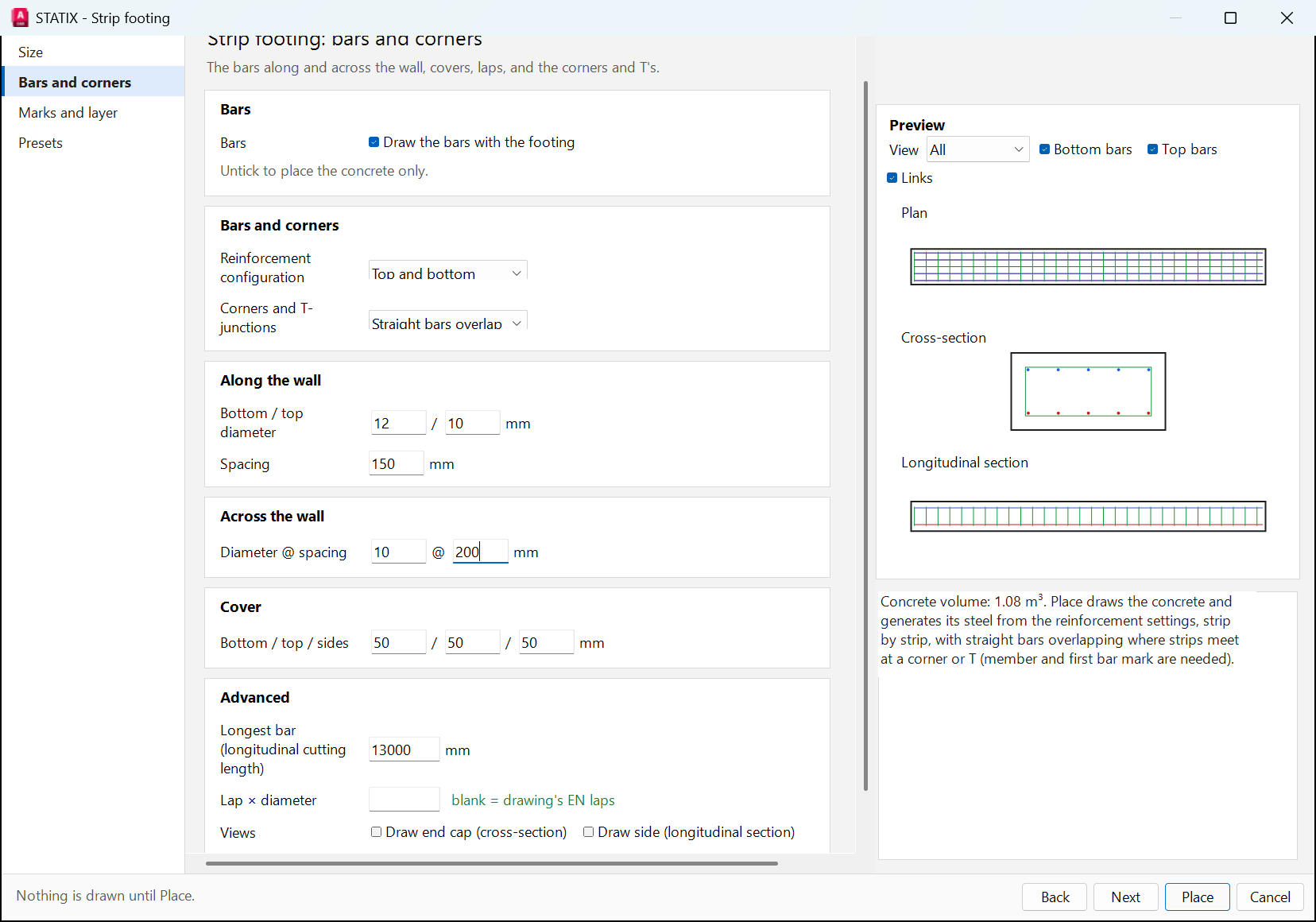 Strip footing wizard Bars and corners page with the bar inputs and the live preview