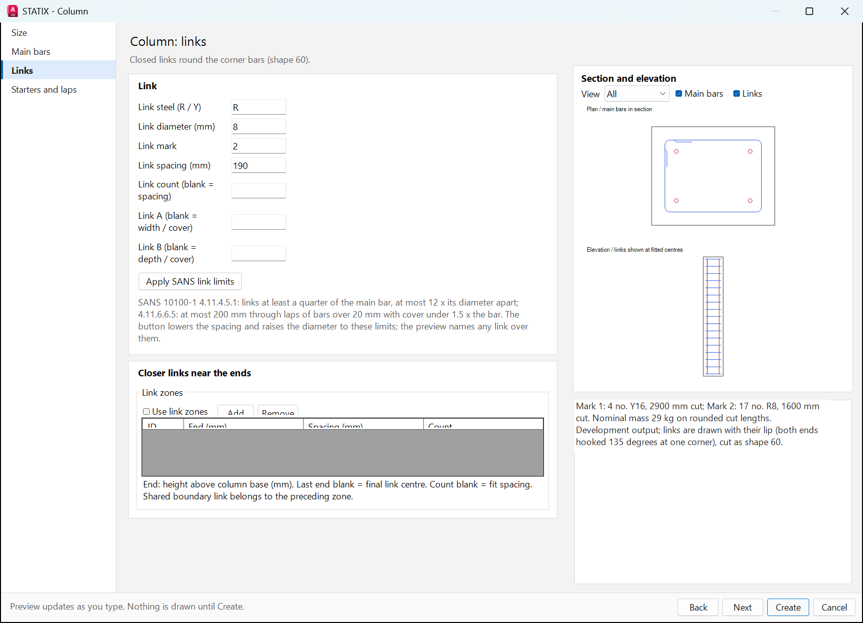Column wizard links page