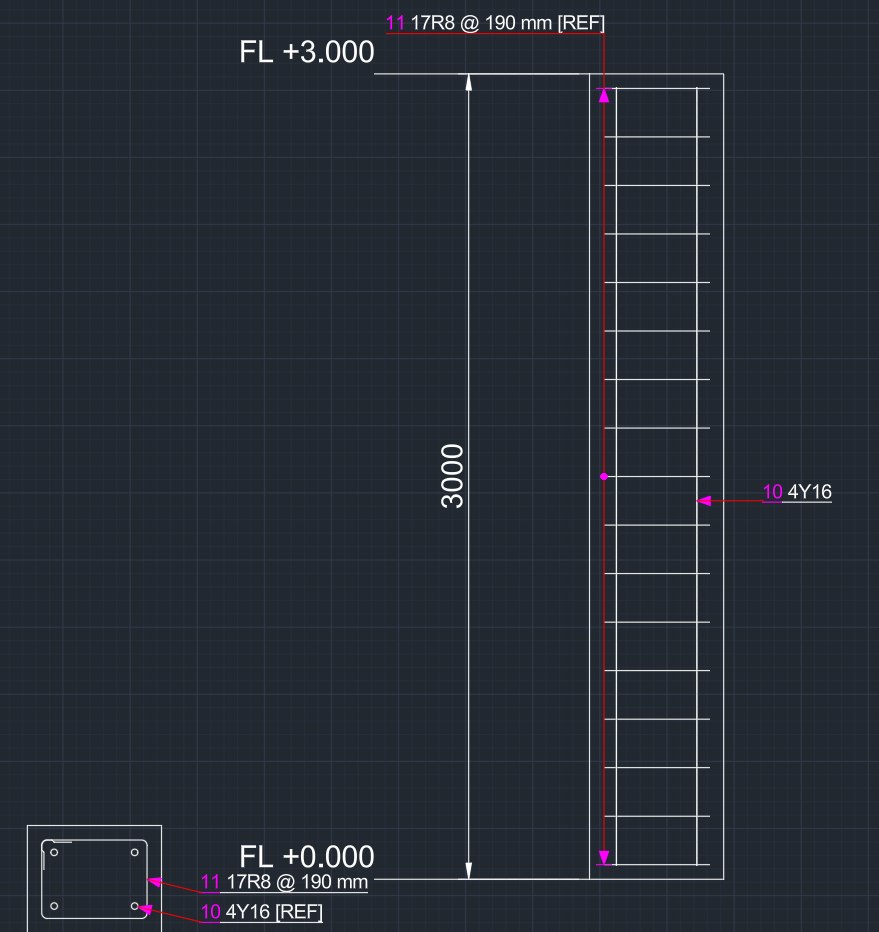 Placed column plan section and elevation