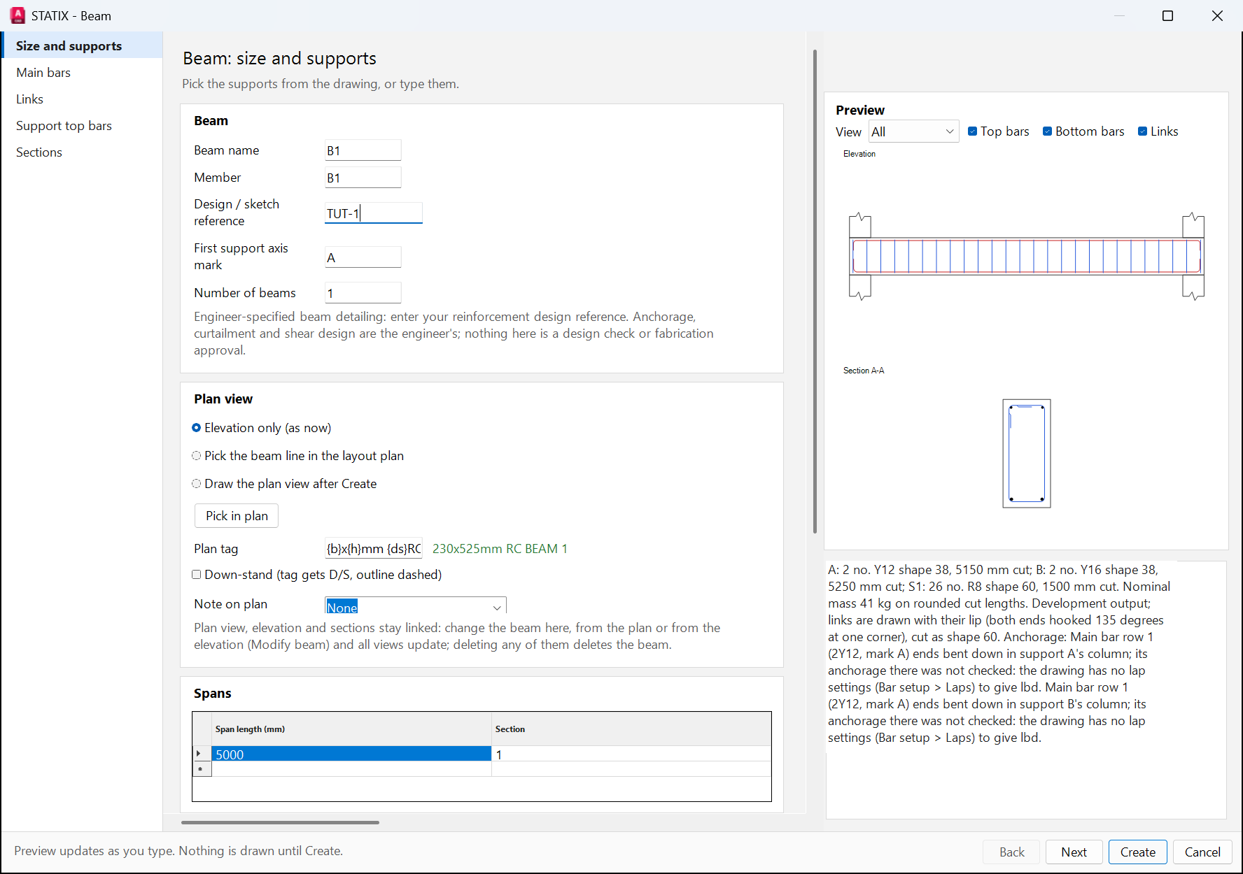 Beam wizard size and supports page