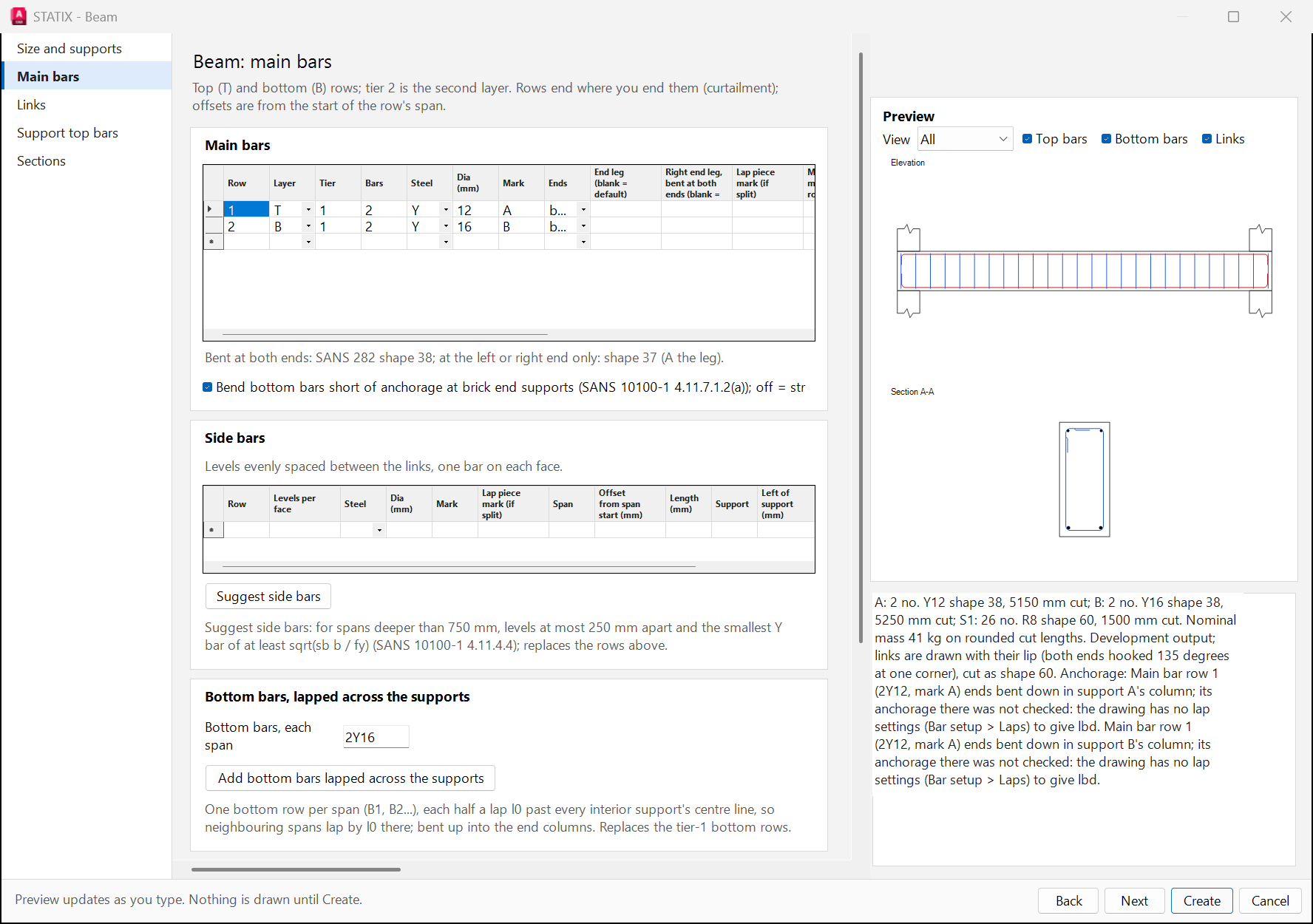 Beam wizard main bars table