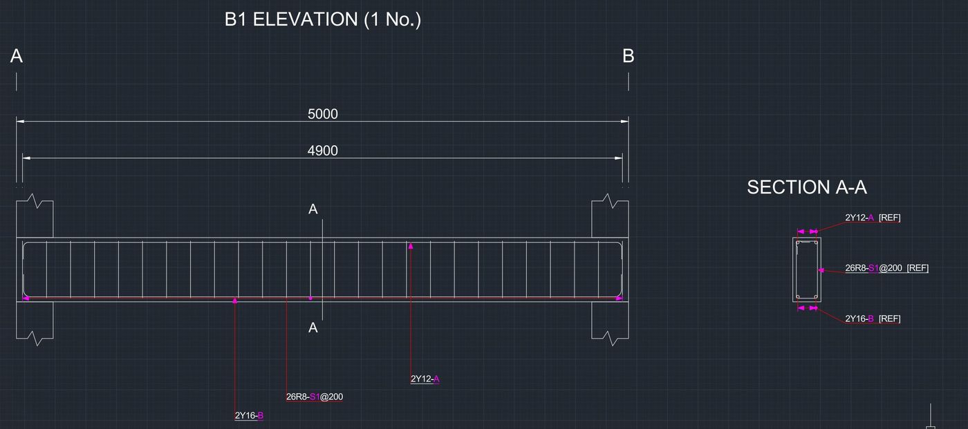 Placed beam elevation and Section A-A