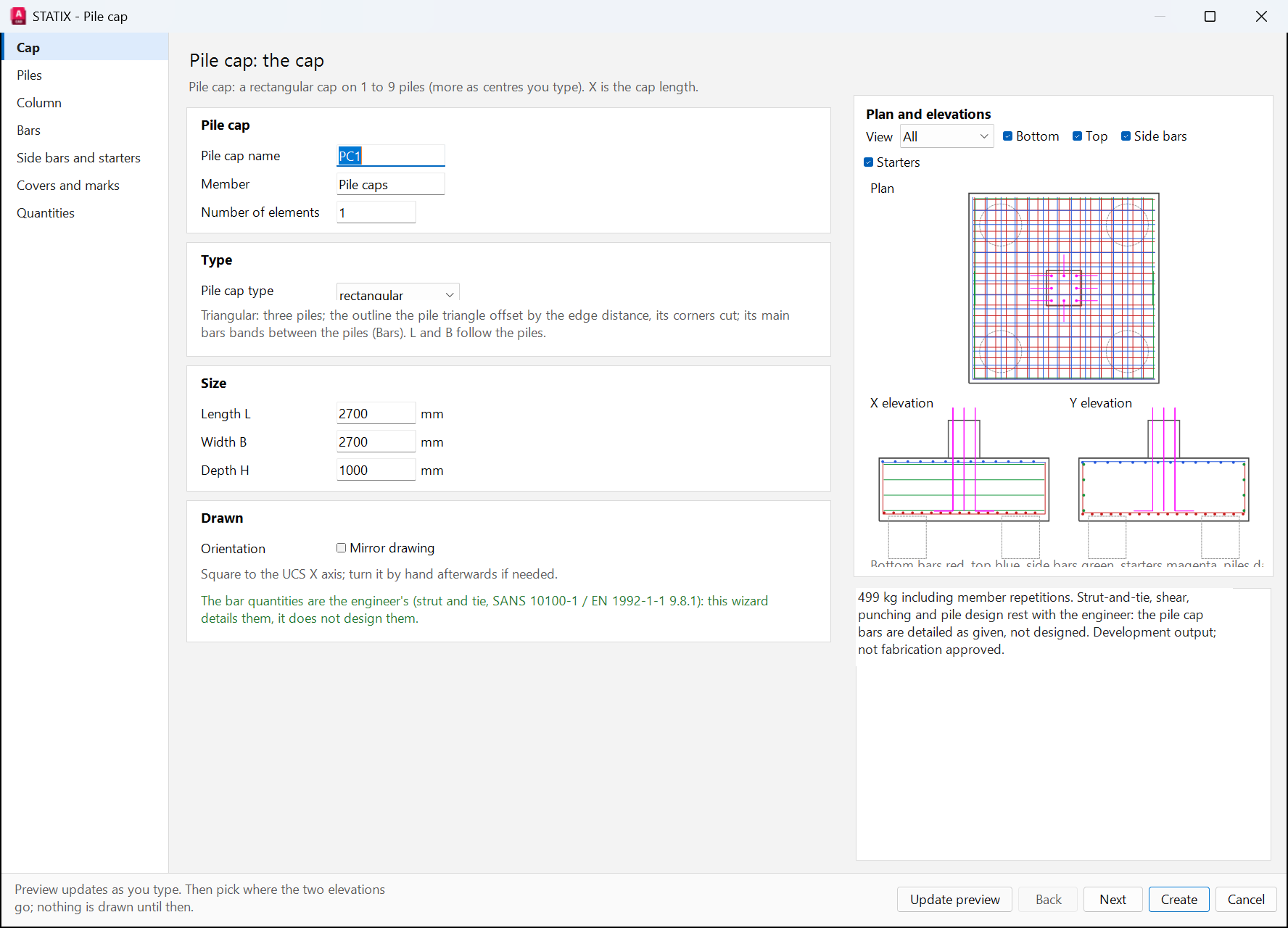 Pile cap wizard with plan and elevations
