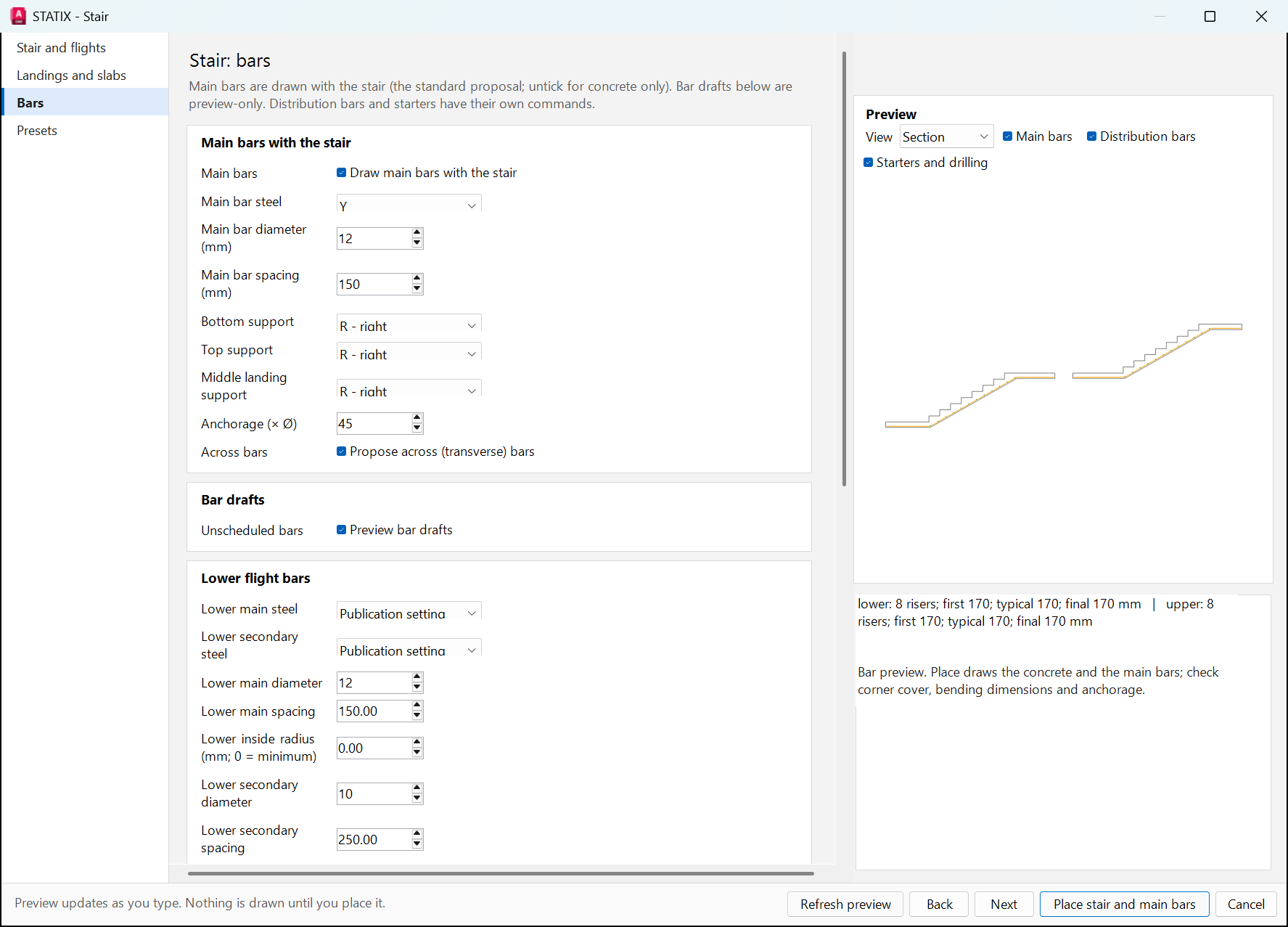 Stair wizard bars page with bar preview