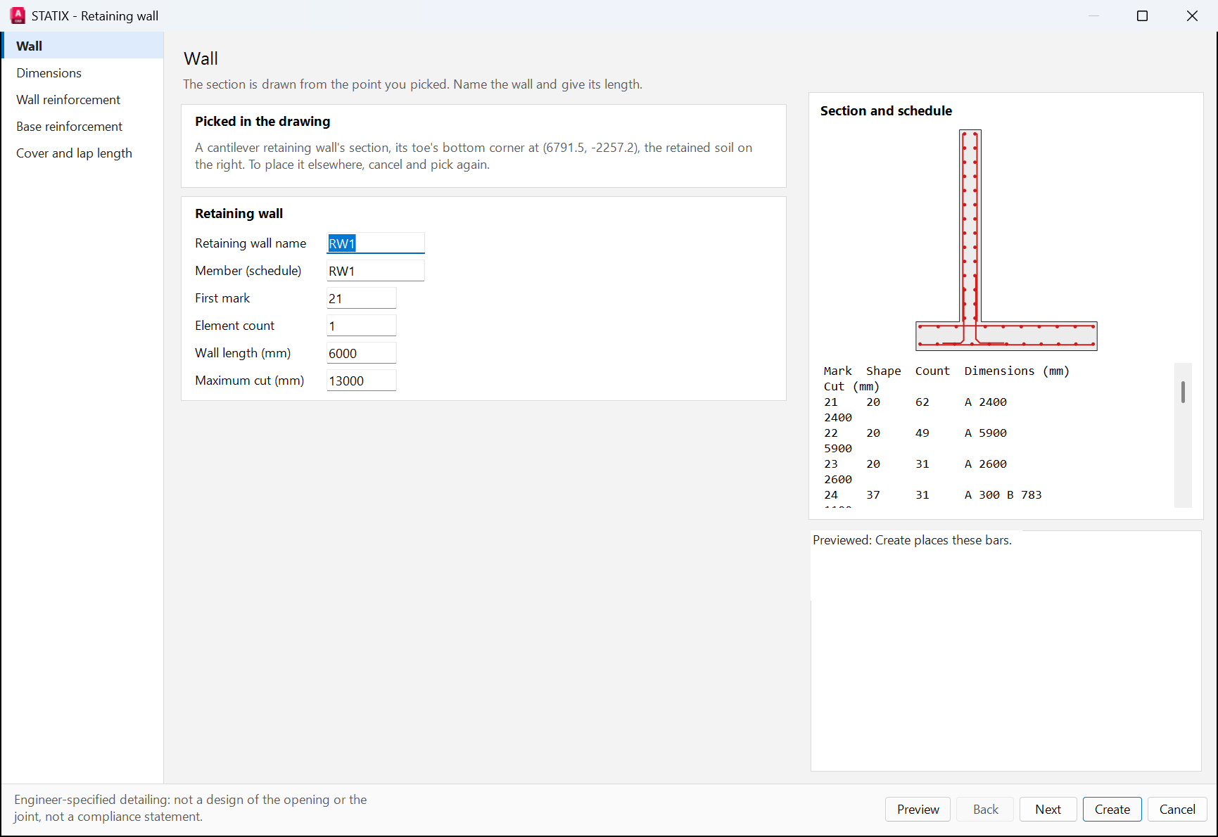 Retaining wall wizard with section and schedule preview