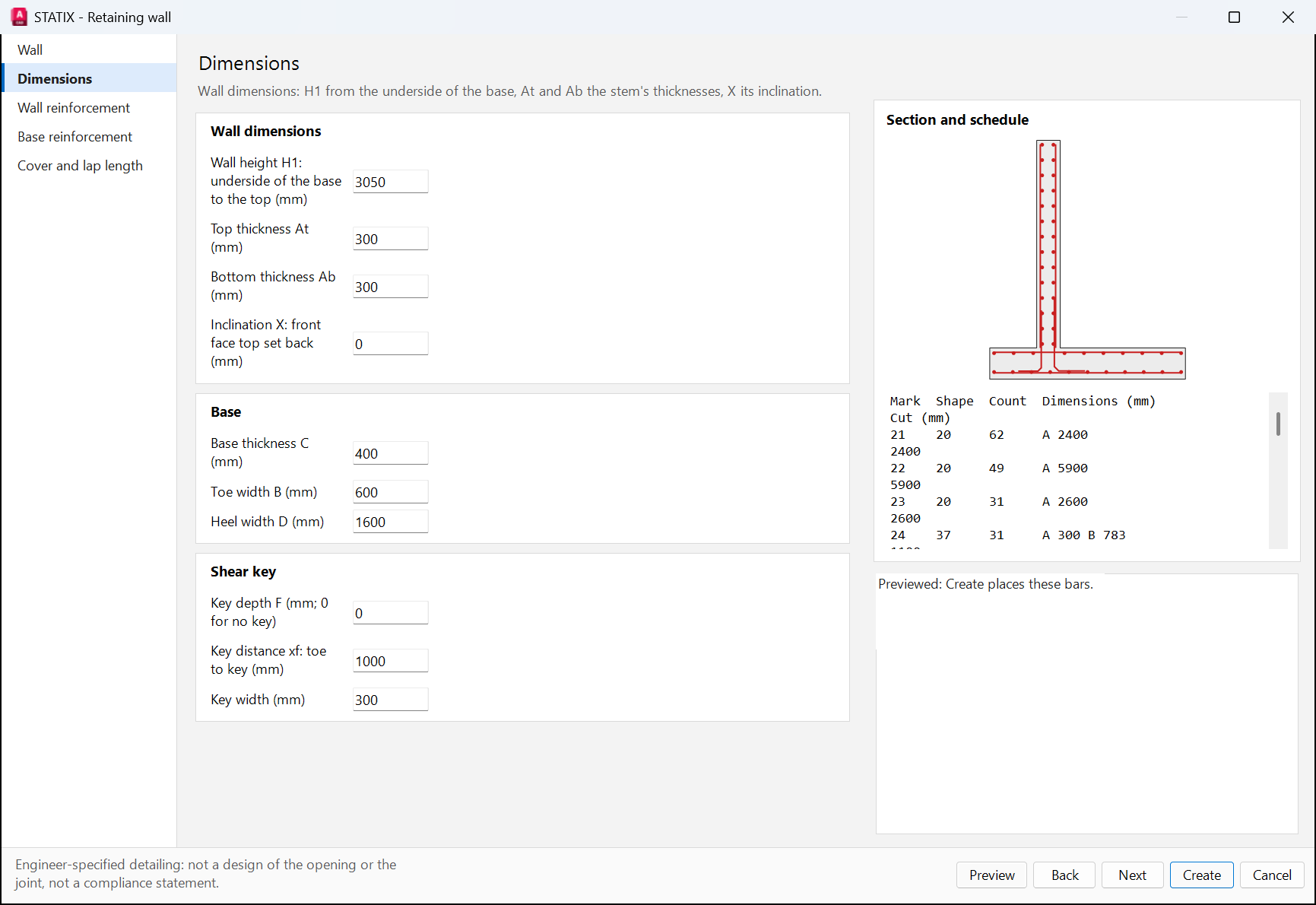 Retaining wall dimensions page