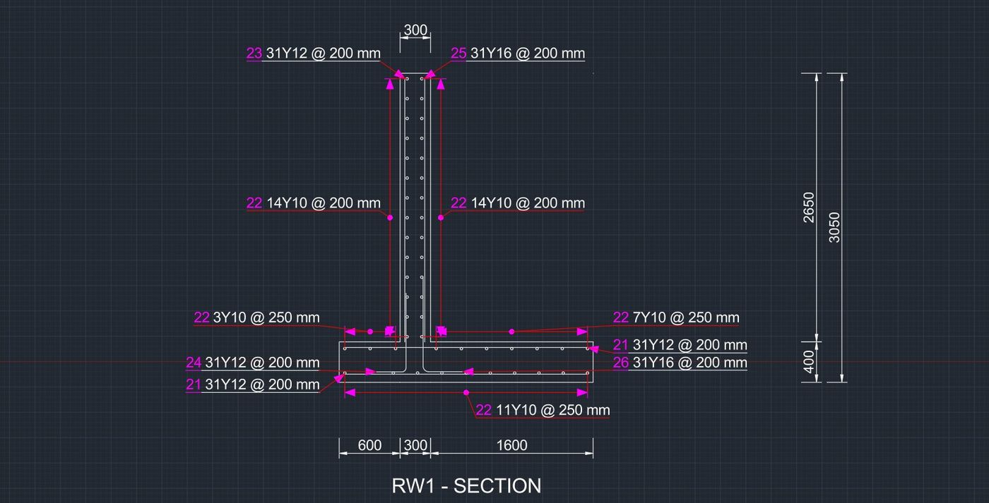 Placed retaining wall section with bar labels and dimensions